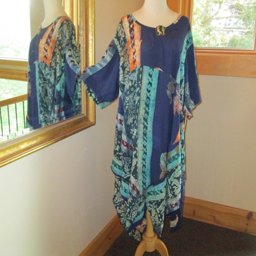OS Multicolored Mission Canyon Santa Barbara Madras Tunic Dress & Lucinda Brooch